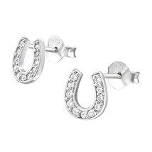 Horseshoe 925 Silver Stud Earrings with Cubic Zirconia - £11.75 GBP