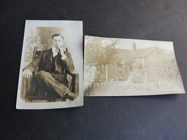 Vintage ,Antique-1900&#39;s Early -Serious Man Sitting in Chair and View of Old Hous - £12.82 GBP