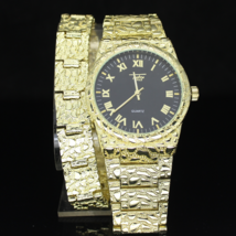 Men&#39;s Watch Bracelet Set Nugget Hip Hop Roman Numerals Gold Plated Metal... - £37.27 GBP