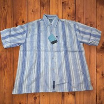 Y2K Woven Short Sleeve XL Button Down Blue/White Striped Shirt Clench Je... - £7.89 GBP