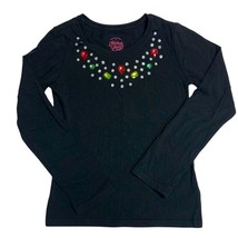 Classic Solid Black Long Sleeve Tee with Cute Faux Jeweled Gem Necklace Neckline - £4.63 GBP