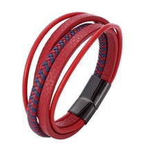 Trendy Red Leather Bracelets Men Stainless Steel Multilayer Braided Rope Bangles - £12.21 GBP