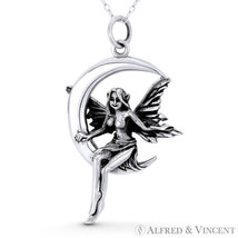 Winged Pixie Tinkerbell Fairy &amp; Crescent Moon .925 Sterling Silver Charm Pendant - £26.77 GBP+