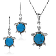 Sea Life Happy Turtles Turquoise .925 Sterling Silver Necklace Earrings Set - £26.48 GBP