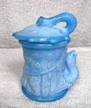 Vintage McKee Blue Opaline Milk Glass Condiment Jar Bird on Tree Stump 3... - $34.16
