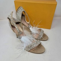 Azmodo Womens Sandals Sz 11.5m Beige Ankle Strap Slim Heels Embellished Tasseled - £23.97 GBP