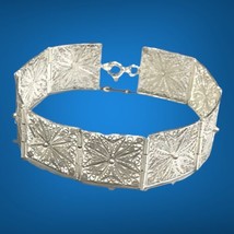 Antique Victorian Solid Sterling Silver Filigree Panel Bracelet 19 Grams 8.25” - £121.80 GBP