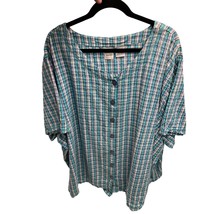 Roamans Womens Size 5X Short sleeve Button Up Shirt Plaid Blue green Gauzy Crink - £15.78 GBP