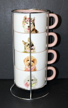 Pier 1 One ~ Puppy Love Stackable Mugs ~ 4 Mugs + Metal Rack ~ Exc ~ Used Once - £27.96 GBP