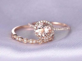 1.60 Ct Morganite &amp; Round Diamond Beautiful Bridal Set Ring 14K Pink Gold Over - £90.95 GBP