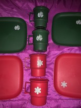 Vintage Tupperware Red &amp; Green Christmas 4 Plates 4 Cups 4 Lids/ Coasters - £19.86 GBP