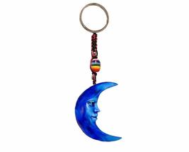 Blue Crescent Moon Celestial 3D Figurine Keychain Multicolored Macramé Metal Rin - £9.34 GBP