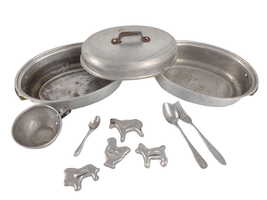 Vintage Toy Aluminum &amp; Tin Cookware Like Mother&#39;s Germany Roasting Pan Utensils+ - £15.20 GBP