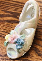 Porcelain Shoe Figurine Yellow Pink Blue Roses Open Toe High Heel - $8.86