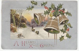 Vintage Postcard Christmas Bells Man Sheep in Snow 1911 Embossed Silver - $6.92