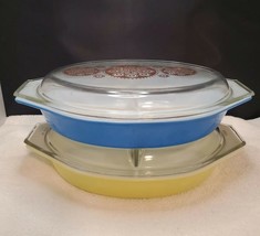 Vintage Pyrex Two, Divided Dishes 1½-Qt Blue &amp; Yellow - $1,659.92 MXN