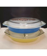 Vintage Pyrex Two, Divided Dishes 1½-Qt Blue &amp; Yellow - $89.09