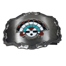 Men&#39;s Belt Buckle Enamel Sun Face Vintage Southwestern Style Blue Red Black - £34.61 GBP