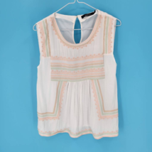 Ark &amp;Co Womens Tank Top Ivory Peach Sleeveless Scoop Neck Embroidered Rayon S - £13.99 GBP