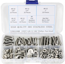 200 Pc. 8-32 Unc Bolts, Nuts, And Washer Assortment Kit With 304 Stainless Steel - £28.18 GBP
