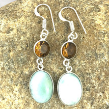 925 Solid Silver Handmade Oval Larimar &amp; Citrine Earrings BES-1131 Women Gift - £18.82 GBP