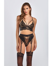 Everly Dot Mesh &amp; Galloon Lace Strappy Bra, Garterbelt &amp; Hipster Panty Black - £38.01 GBP