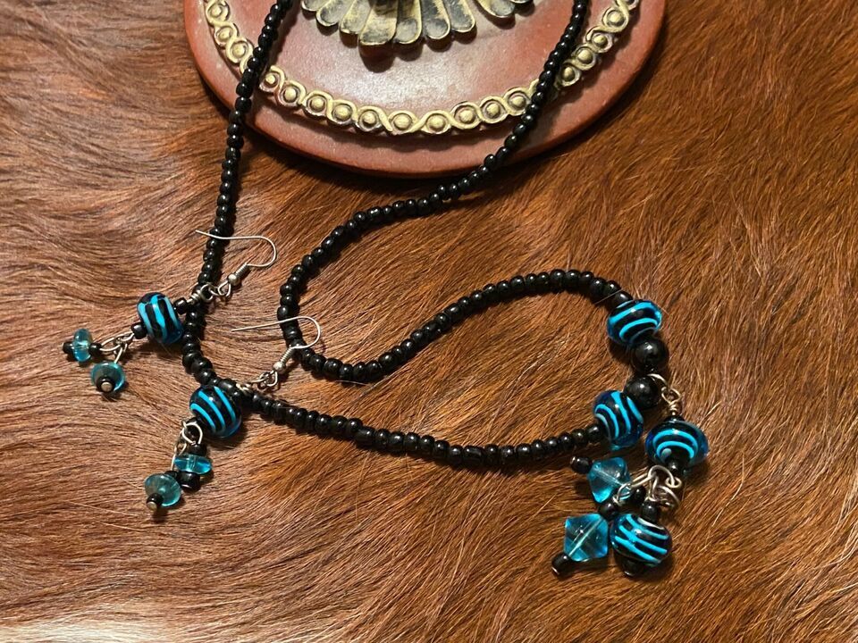 Handcrafted Black/Turquoise Glass Necklace and Dangle Earrings - $21.00