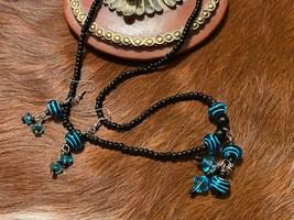 Handcrafted Black/Turquoise Glass Necklace and Dangle Earrings - £16.78 GBP