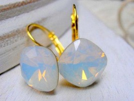 White Opal Cushion Cut Earrings w/ Swarovski Crystals / Bridesmaids Gold Dangle&amp; - £22.33 GBP