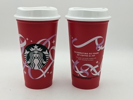 2 STARBUCKS 50 Years of Coffee &amp; Joy Reusable Plastic Cup 16 oz. RED 2013 Ribbon - £8.08 GBP