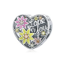 I We Love You Heart Flower Family Charm 925 Sterling Silver With Enamel And CZ - £15.97 GBP