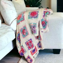 VTG Handmade Granny Square Afghan Crochet Blanket Pink White 90s Knit Grandma - £24.47 GBP
