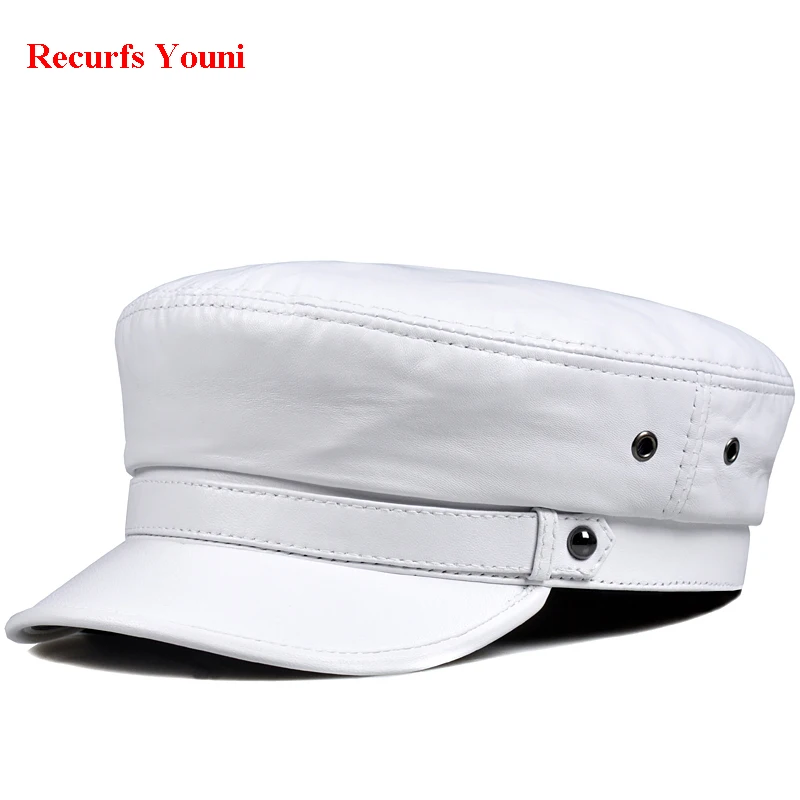 Er warm korean style unisex genuine leather hat for men women white red casual flat top thumb200