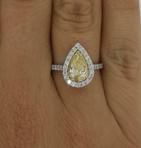 3.2Ct Pear Cut Canary Yellow Simulated Diamond Halo Ring 14K White Gold Plated - £99.47 GBP