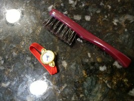 VTG 1950s Doll TOY WATCH ORIGINAL RED Elastic BAND &amp; HAIR BRUSH West Ger... - $28.31