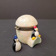 Vintage Hand Painted Ceramic Igloo w/Penguin Figures Wearing Red &amp; Blue Caps EUC - £7.90 GBP