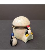 Vintage Hand Painted Ceramic Igloo w/Penguin Figures Wearing Red &amp; Blue ... - £7.82 GBP