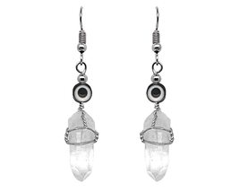 Evil Eye Nazar Bead Wire Wrapped Clear Quartz Crystal Point Earrings - Healing S - £11.79 GBP