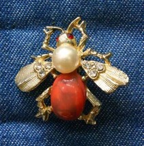 Faux Pearl, Rhinestone &amp; Coral Lucite Gold-tone Bug Brooch 1950s vintage 1 3/8&quot; - £11.94 GBP