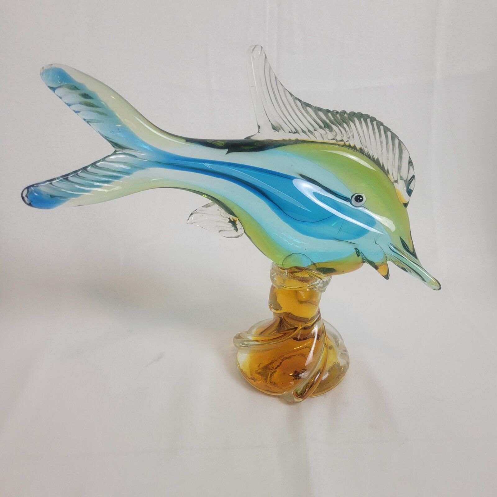 Blown Style Glass Art Vtg Fish Figurine Green Blue Ocean Hand Crafted 10.5&quot; - $74.24