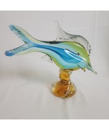Blown Style Glass Art Vtg Fish Figurine Green Blue Ocean Hand Crafted 10.5&quot; - $101.53 CAD