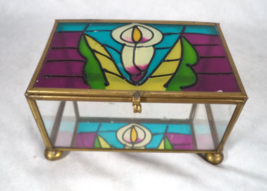 Vintage Stained Glass Trinket Box Floral Brass Glass Jewelry Keepsake - $13.81