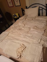 Large Lot Of Ivory Mixed Vintage Lace Curtains w Valance Fruit Pompoms Panels - $101.58