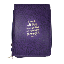 Faith Faux Leather M Purple Zip Bible Cover Phil. 4:13 Floral 10&quot; X 7&quot; - £14.33 GBP