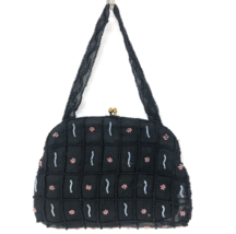 Micro Beaded Black Evening Bag Pink &amp; Blue Floral Kislock VTG Made in Belgium - £21.08 GBP