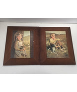 Vintage 1979 wood mount litho prints boy with dog  girl with kitten  Tor... - $24.70