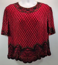 L) Vintage Papell Boutique Evening Silk Heavy Check Accents Blouse Top Red Large - £23.72 GBP