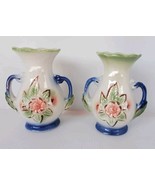 2 Vintage Floral Vases Lusterware Ornate trophy Brazil Blush Mint Blue 5... - $43.74 CAD