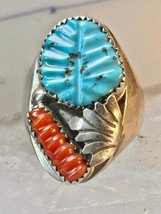 Navajo ring carved leaves heavy turquoise coral size 11 sterling silver women me - £192.40 GBP