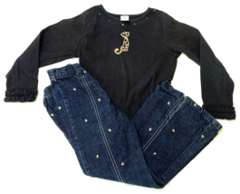 Gymboree Vintage Glamour Kitty Paw Jeans Long Sleeve Shirt Black Set Girls SZ 6 - $21.04